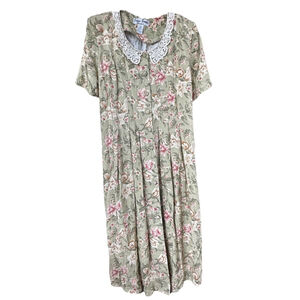 Vtg Cottagecore‎ Dress Green with Pink Floral Sz 18 Button Front Lace Collar Y2K